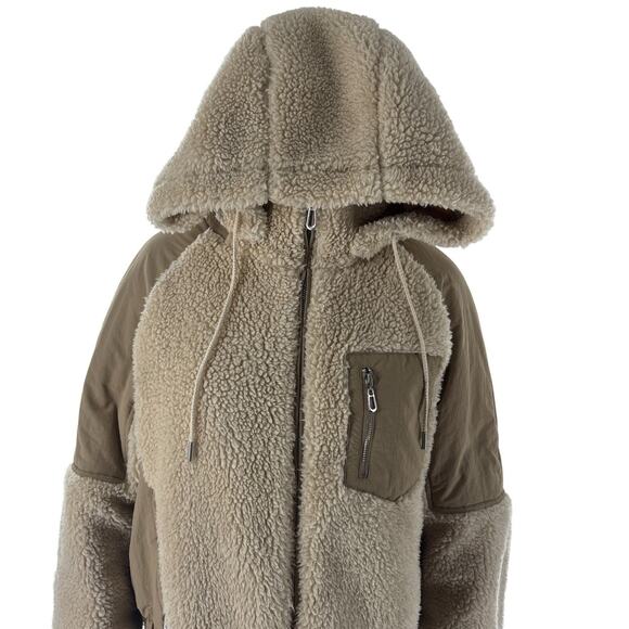 ba&sh Tan Eva Mixed Media Canvas Shearling Hooded Coat - Picture 6 of 12